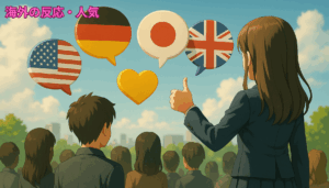 3DCGアニメ風のキャラクターたちが地球儀の前で映像を見ながら反応している後ろ姿のシーン。AI生成オリジナルイメージ画像/非公式素材