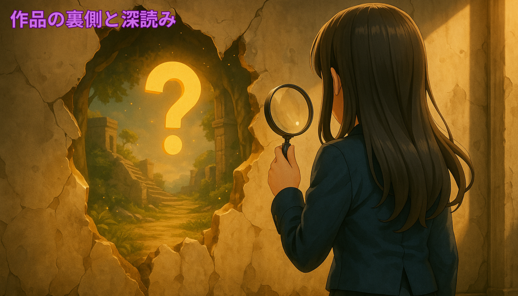 アニメ風の少女が壁の向こうに見える謎の世界と光るクエスチョンマークを見つめる後ろ姿のイラスト。AI生成オリジナルイメージ画像/非公式素材