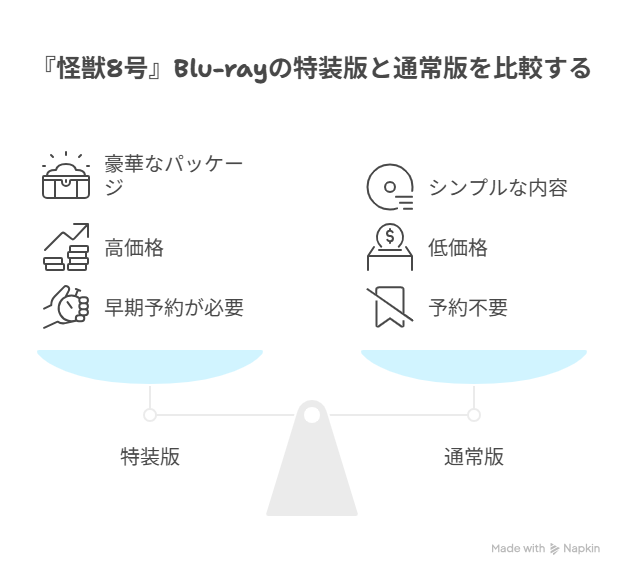 特典付きパッケージとシンプル版の価格や予約条件を天秤で比較した図解