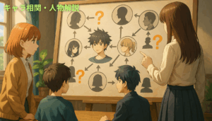 キャラクターの関係図を前に、数人が相関性を分析している3DCGアニメ風イラスト。AI生成オリジナルイメージ画像/非公式素材