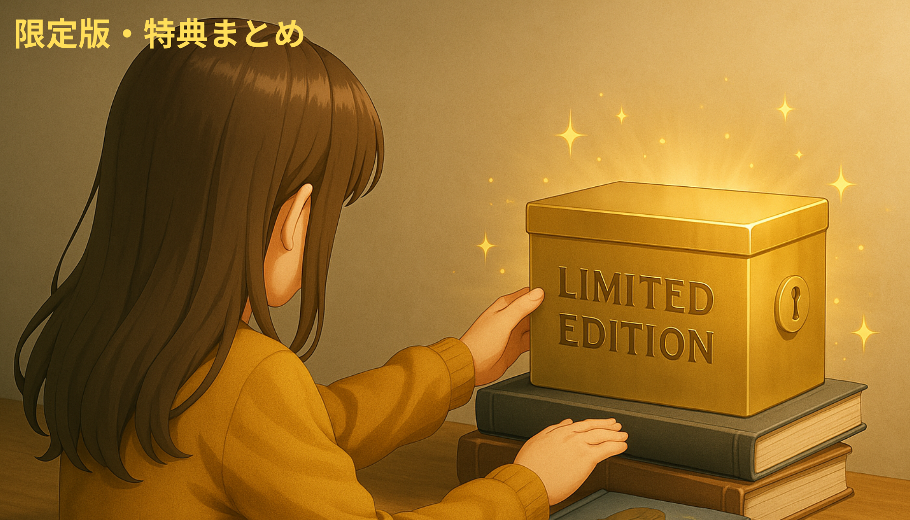 豪華な特典を手にする人物が夕暮れの部屋で限定アイテムを見つめる、3DCGアニメ風の印象的なワンシーン。AI生成オリジナルイメージ画像/非公式素材