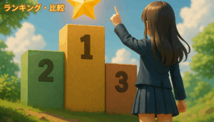 ランキング表彰台の前に立ち、金の星を見上げる制服姿の少女（3DCGアニメ風イラスト）AI生成オリジナルイメージ画像/非公式素材