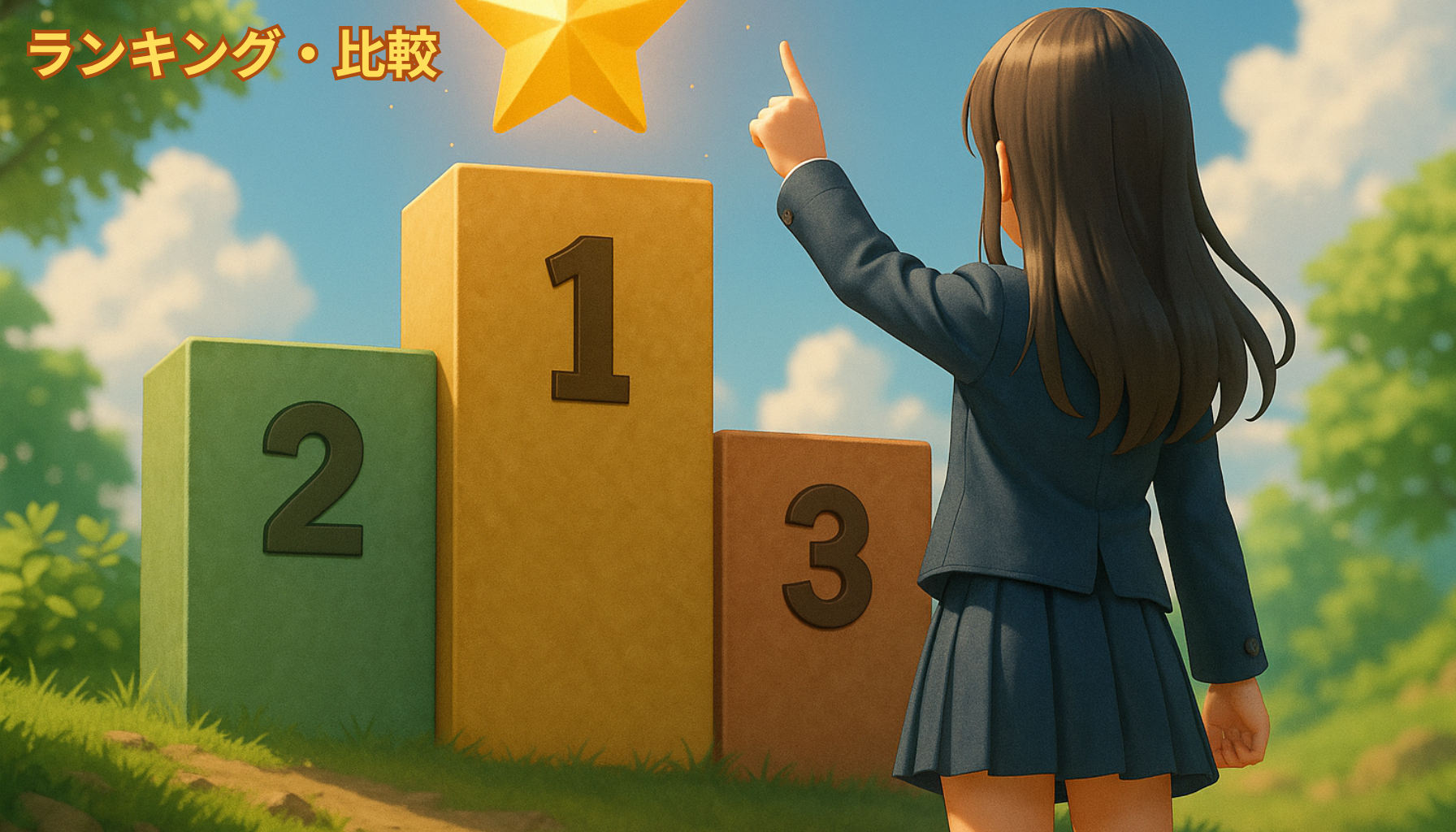 ランキング表彰台の前に立ち、金の星を見上げる制服姿の少女（3DCGアニメ風イラスト）AI生成オリジナルイメージ画像/非公式素材