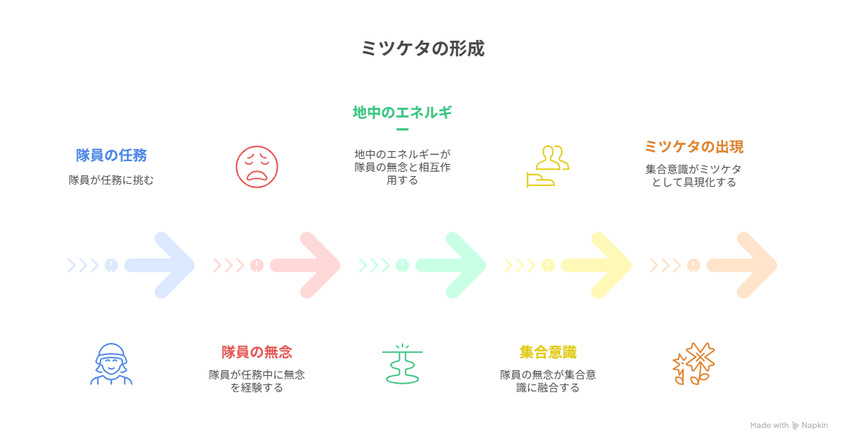 討伐に挑んだ隊員たちの無念が地中のエネルギーと作用し、集合意識として具現化する流れを示した図解。