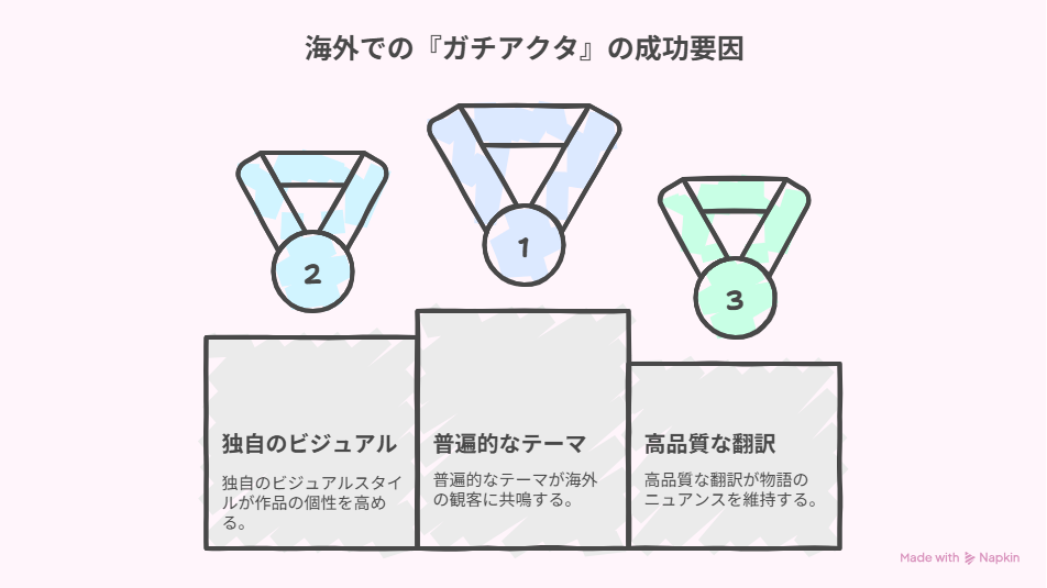 海外での成功要因を示す図。1位は普遍的なテーマ、2位は独自のビジュアル、3位は高品質な翻訳が挙げられている。
