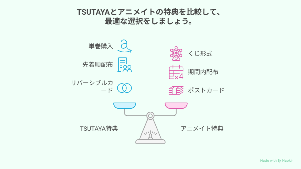 店舗特典の違いを比較した図。購入方法、配布形式、特典内容を天秤アイコンで対比している。
