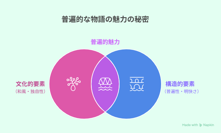 文化的要素と構造的要素の重なりから普遍的な魅力が生まれることを示すシンプルなVenn図解。(Napkin図解/AI作成イメージ)