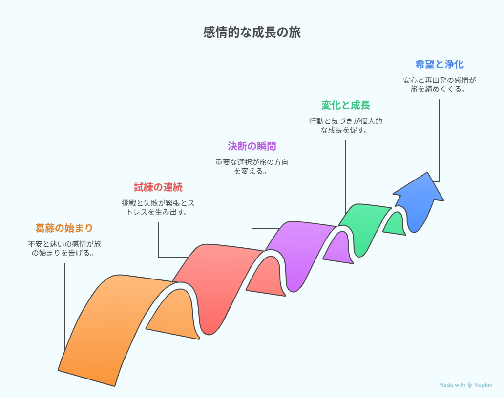 感情の変化を5つのステップで表現した図解。共感から希望までの心理的プロセスを示している。（Napkin図解／AI作成イメージ）