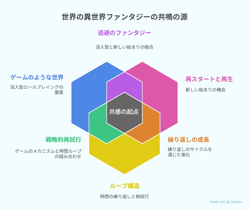 異世界ファンタジー作品に共通する魅力の構造を示した六角形の図解。再生・ループ・成長・戦略性などの要素が共感の起点として重なり合う。（Napkin図解／AI作成イメージ）