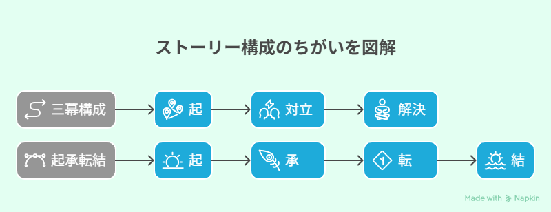アニメ脚本で使われる2つの物語構成の違いを示した図（Napkin図解／AI作成イメージ）