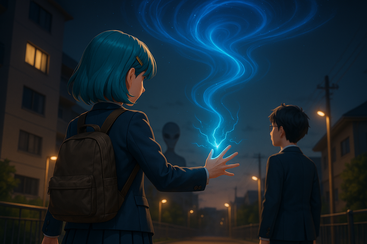 アニメ風の幻想的な夜空と特典付きBlu-rayセットのイメージイラスト。AI生成イメージ画像/非公式素材