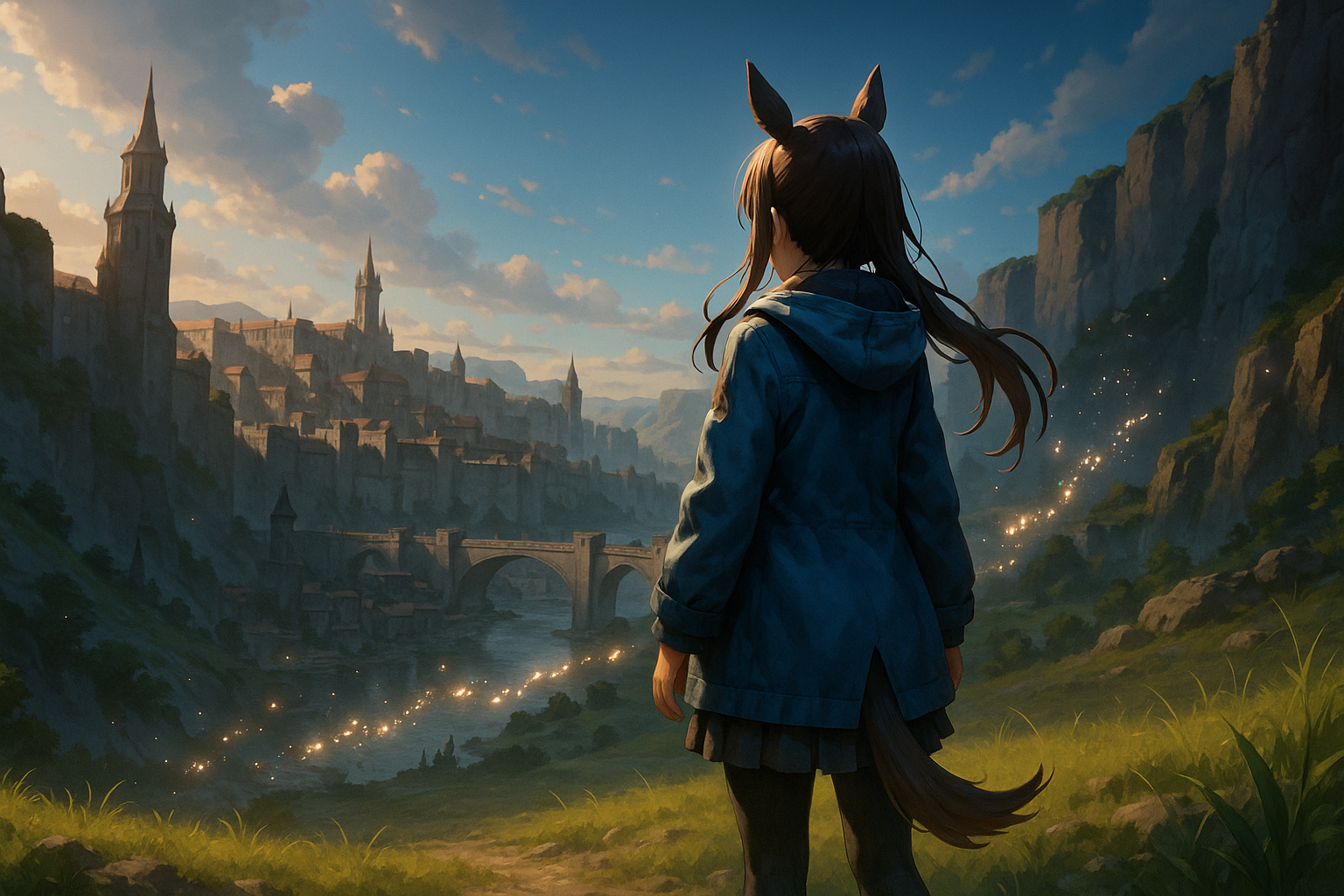 夕暮れの幻想都市を見下ろす少女の後ろ姿。広がる街並みと光の粒が物語性を感じさせる構図。（AI生成イメージ画像／非公式素材）