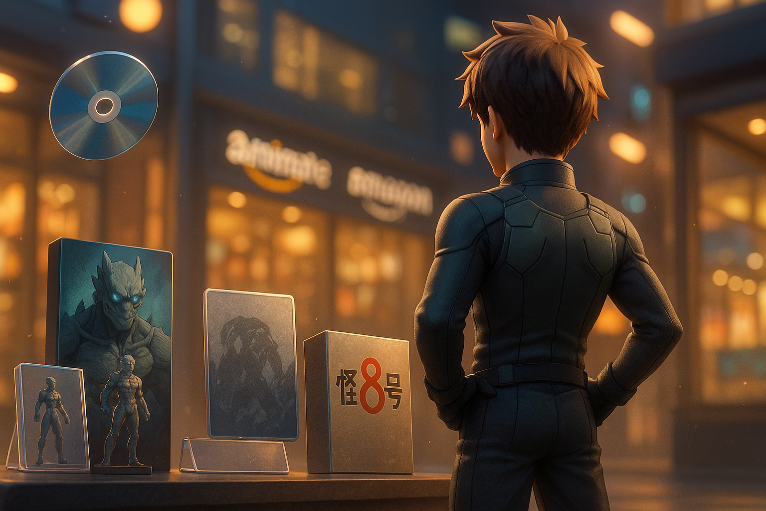 夕暮れのアニメショップでグッズを見つめる後ろ姿のヒーロー風キャラクターと限定パッケージ商品の展示。（AI生成イメージ画像／非公式素材）