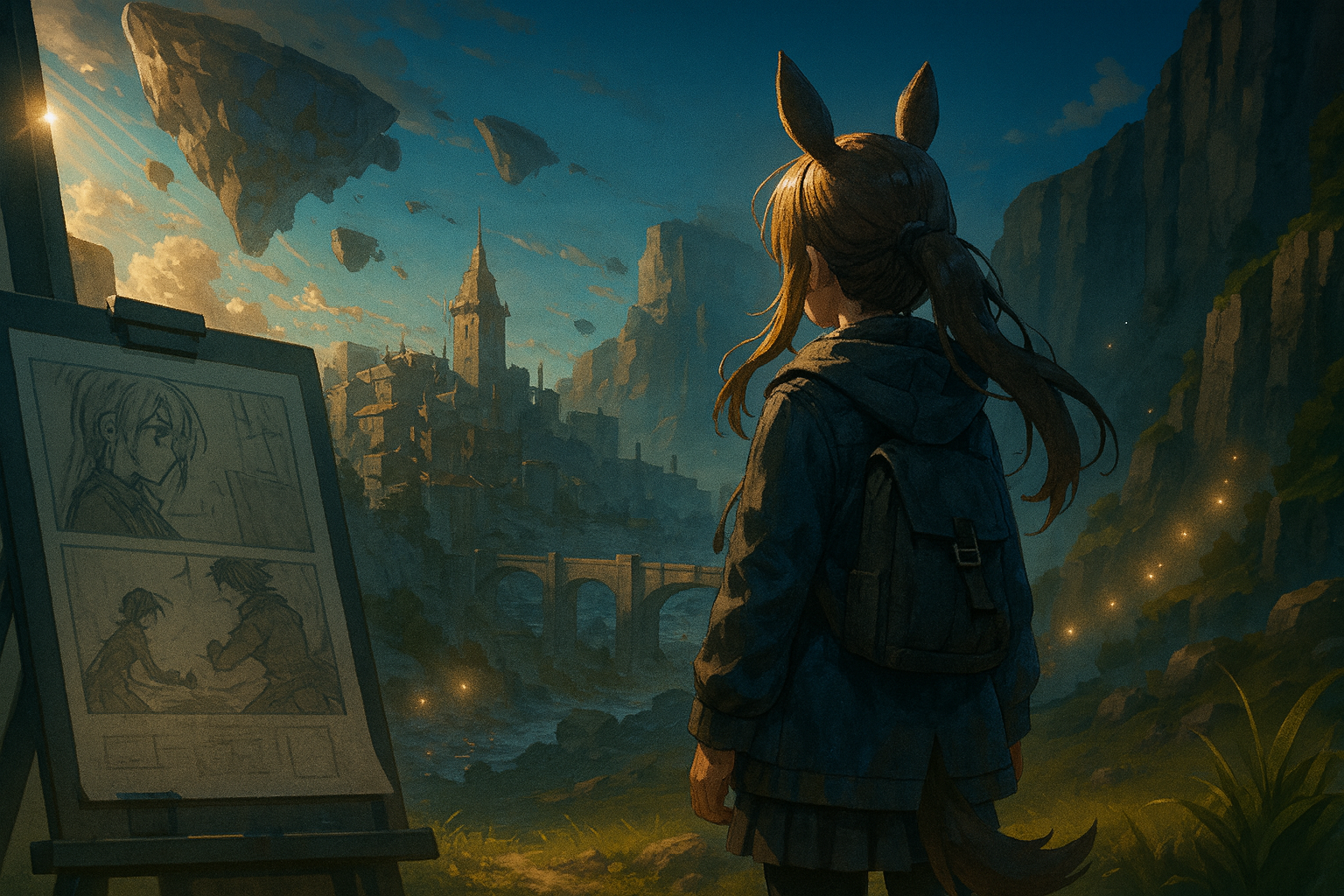 幻想的な都市を見下ろすフード姿のキャラクターの後ろ姿と、夕暮れに包まれた奥行きある風景。（AI生成イメージ画像／非公式素材）