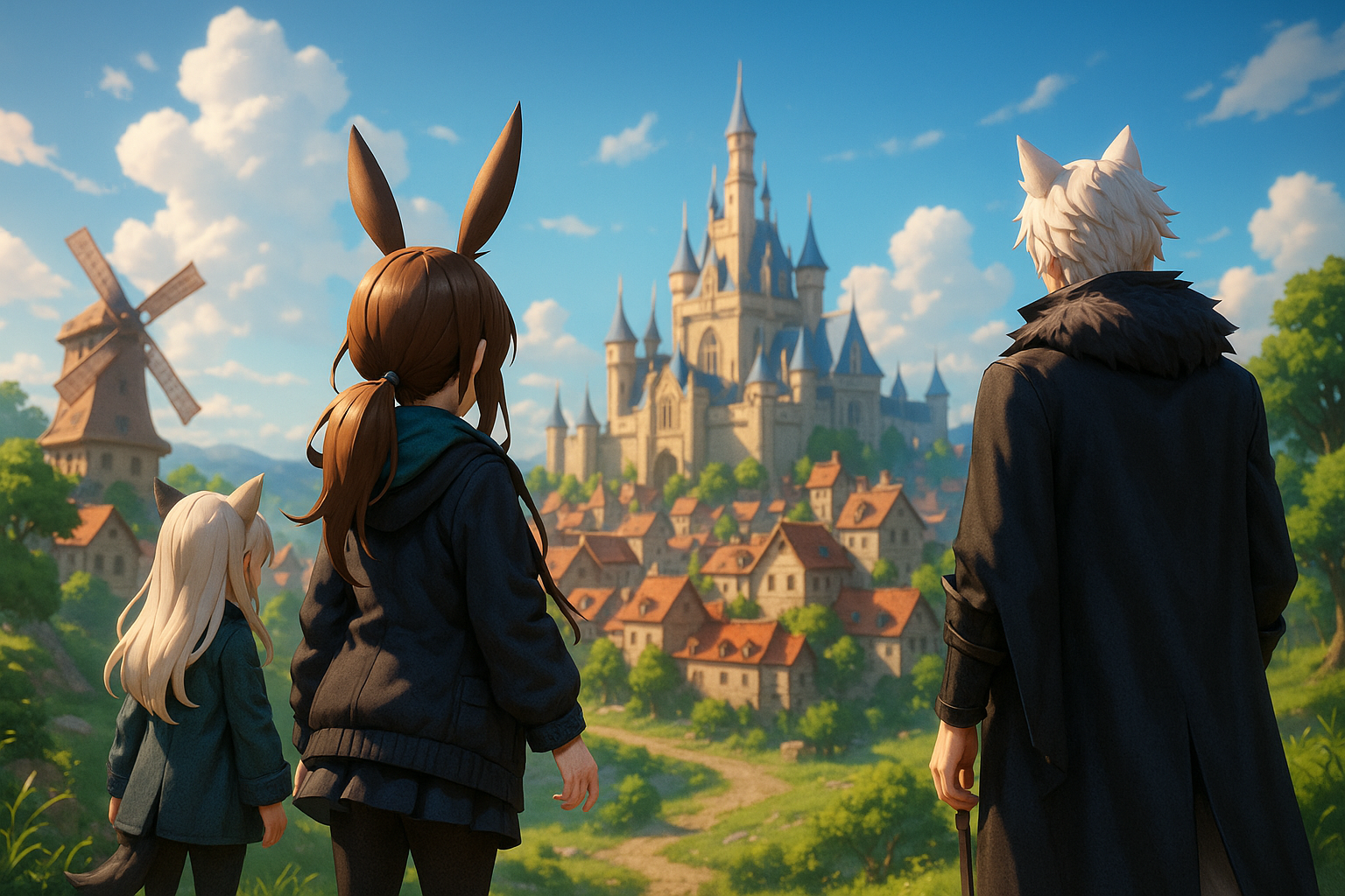 3DCGアニメ風の後ろ姿のキャラクターたちが、丘の上から幻想的な街並みを眺めている風景。（AI生成イメージ画像／非公式素材）