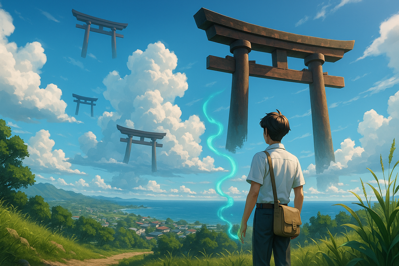 少年が丘の上から海辺の町と空中に浮かぶ鳥居を見上げている3DCGアニメ風イラスト。AI生成イメージ画像/非公式素材