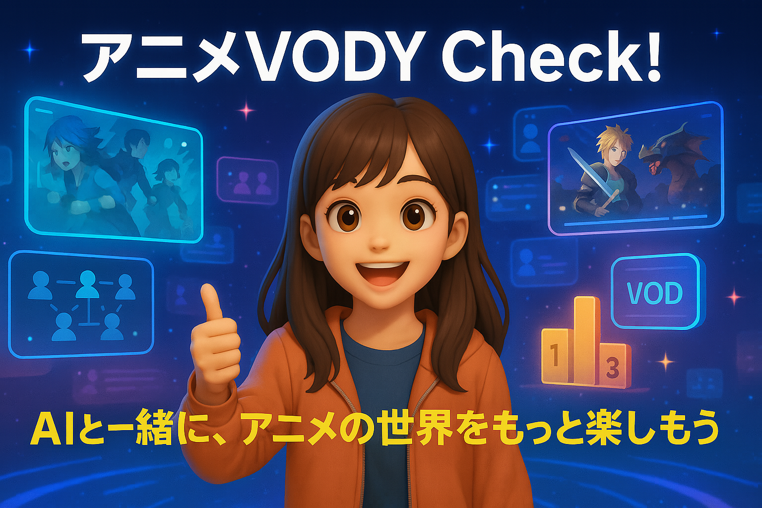 AIと一緒にアニメの世界を楽しむ女の子が親指を立てて笑顔で立つイメージ。背景にはVODやキャラ演出（AI生成オリジナルイメージ画像／非公式素材）