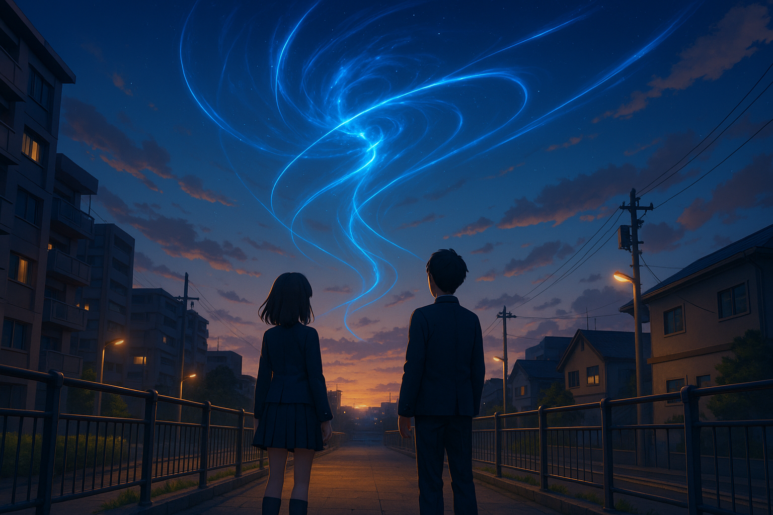 夕暮れの街並みに立つ学生風の男女と、空に浮かぶ幻想的な光の渦を描いた3DCGアニメ風イラスト。AI生成イメージ画像/非公式素材