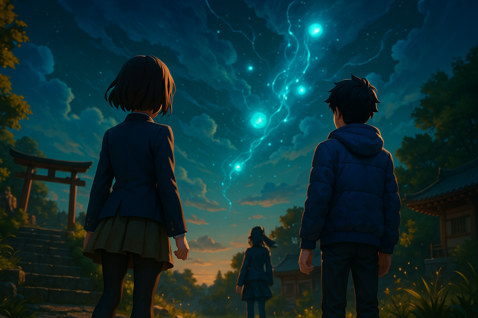 ランキング上位を目指すキャラクターたちが夕暮れの幻想的な空を見上げる、奥行きのある3DCGアニメ風イラスト。AI生成イメージ画像/非公式素材