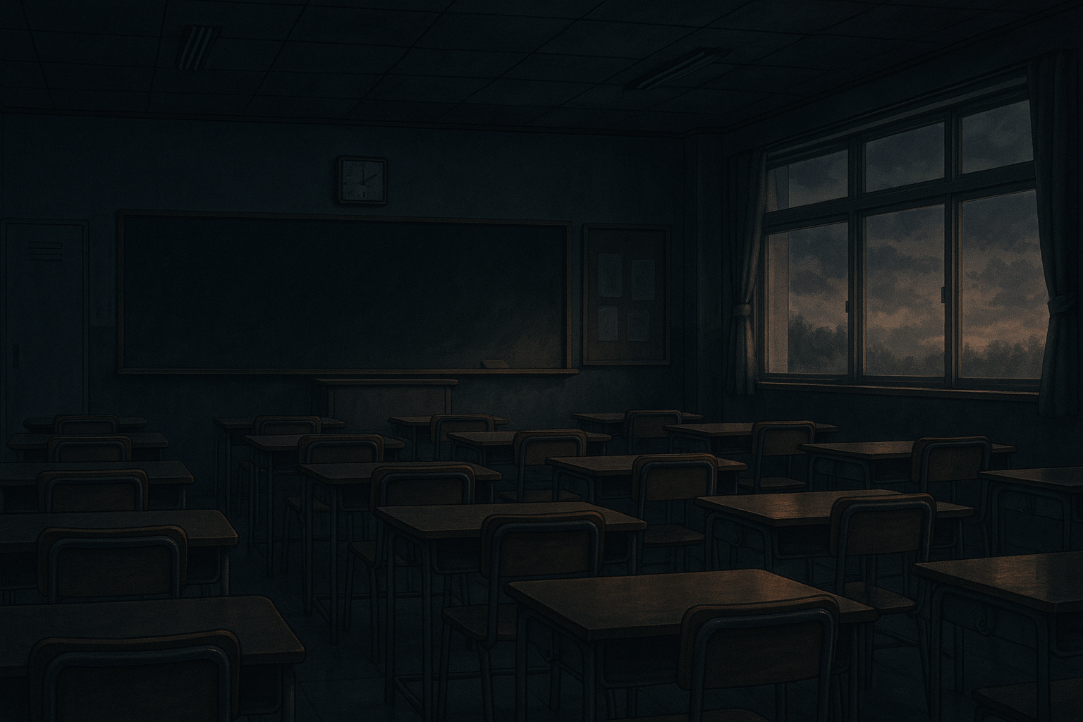 夕暮れ時の高校教室を描いたアニメ風イラスト。曇り窓から淡い光が差し込み、静けさと内省的な雰囲気が漂う。（AI生成オリジナルイメージ画像／非公式素材）