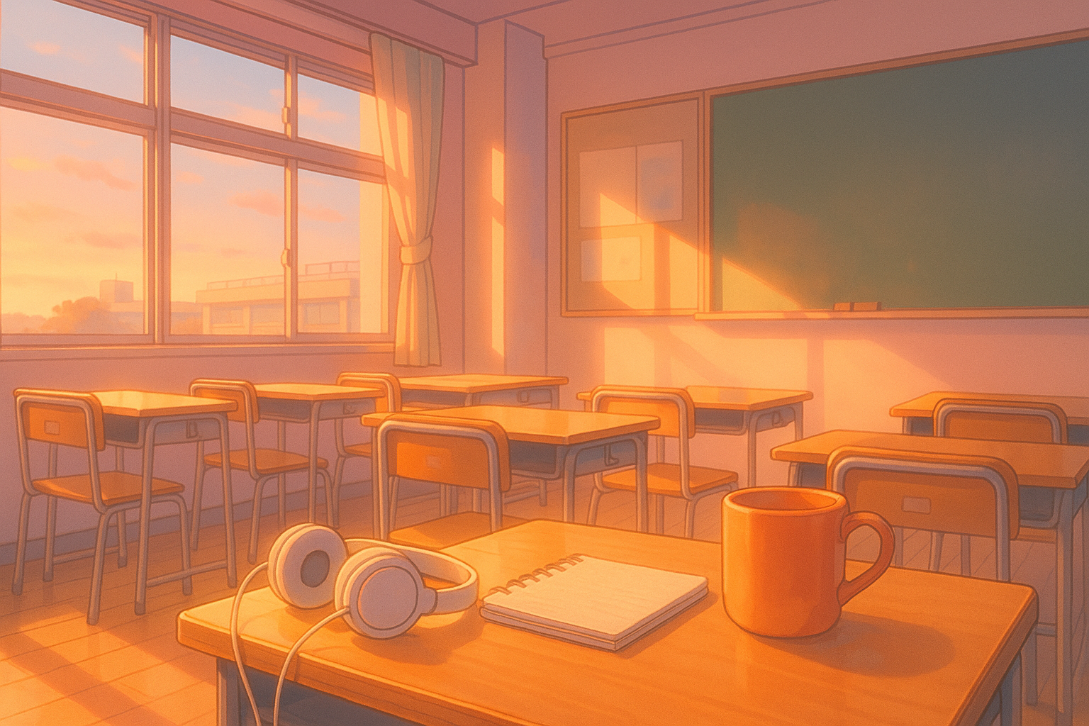 夕陽が差し込む高校教室のアニメ風イラスト。机の上のノートとヘッドホンが、共感とぬくもりの時代を象徴している。（AI生成オリジナルイメージ画像／非公式素材）