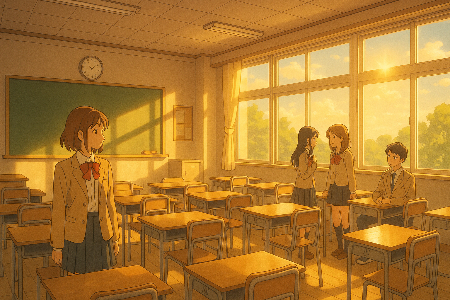 90年代の高校教室を描いたアニメ風イラスト。夕陽が差し込むノスタルジックな雰囲気。