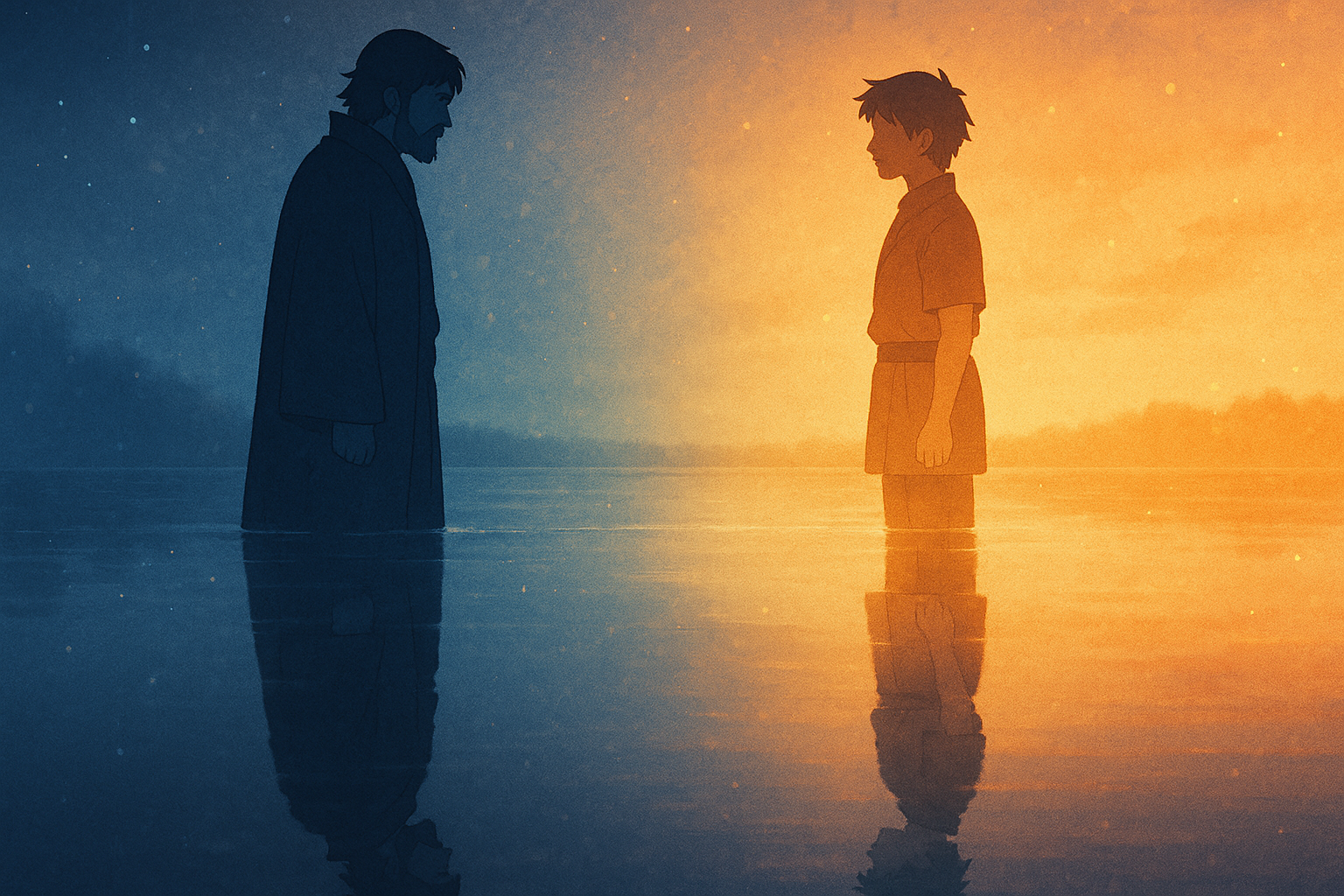 静かな水面を挟んで師と弟子が向かい合うアニメ調イラスト。青と橙の光が交差し、反射に“赦しと内省”の物語を映している。AI生成のイメージ画像(本文内容を補足する参考ビジュアル)