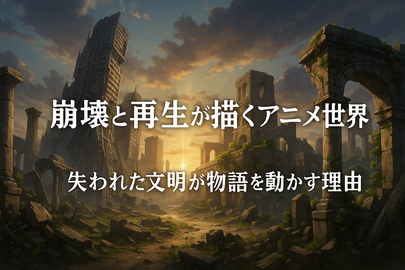 崩壊した文明の遺跡に夕日が差し込み、新たな芽吹きを感じさせるアニメ風の世界観イラスト。（AI生成オリジナルイメージ画像／非公式素材）