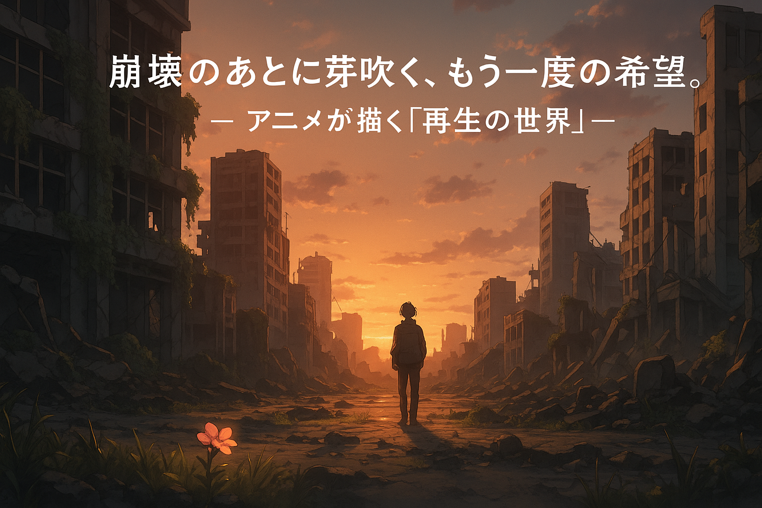 崩壊した都市の夕暮れに立つ人物と、一輪の花が象徴する再生の希望を描いたアニメ風イラスト。（AI生成オリジナルイメージ画像／非公式素材）
