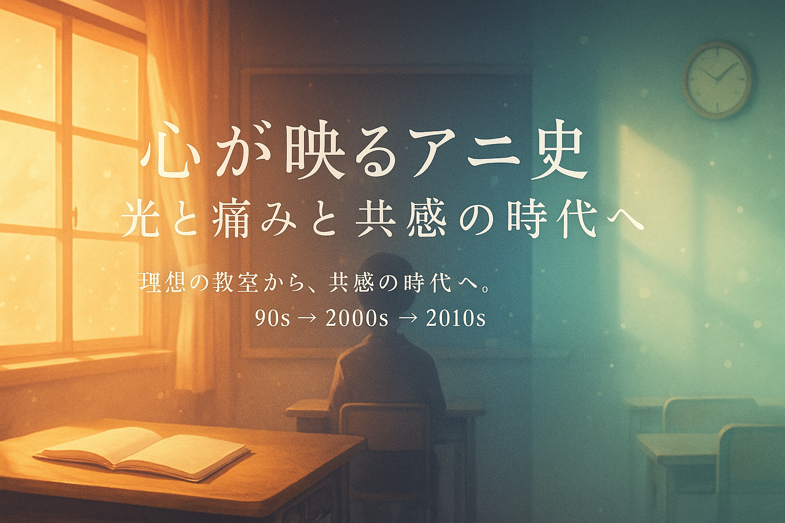 アニメが映す心の進化を象徴するビジュアル。教室に差す光が90年代の理想、2000年代の痛み、2010年代の共感を表現している。（AI生成オリジナルイメージ画像／非公式素材）