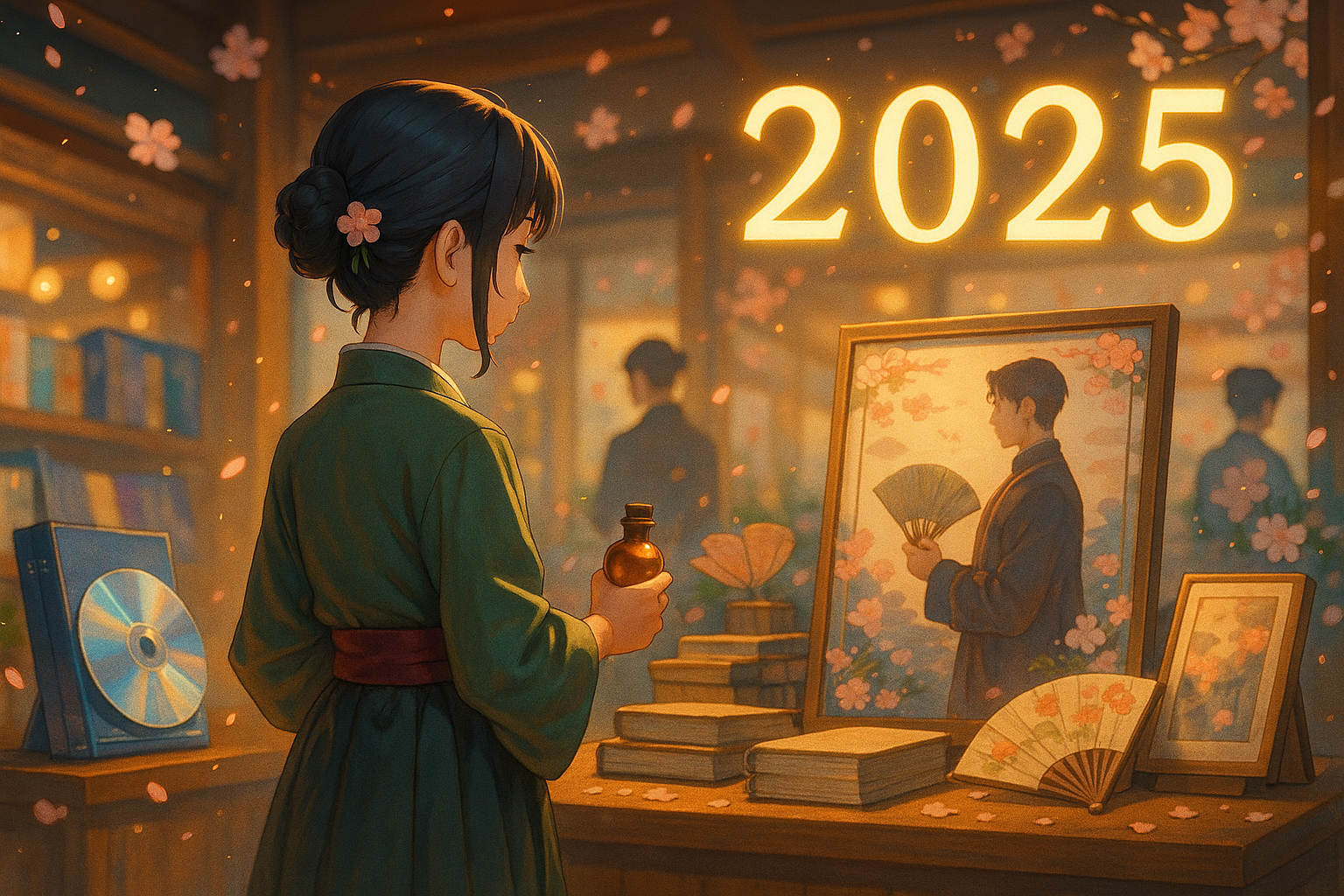 2025年に登場するアニメ作品の限定グッズやBlu-ray特典をイメージした展示風景。桜の花びらが舞う中、若い女性が薬瓶を手に本やポスターを眺める様子。（AI生成イメージ画像／非公式素材）