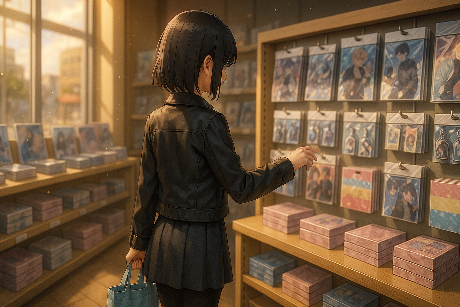 3DCGアニメ風の人物がグッズショップで商品を眺めている後ろ姿のシーン。（AI生成イメージ画像／非公式素材）