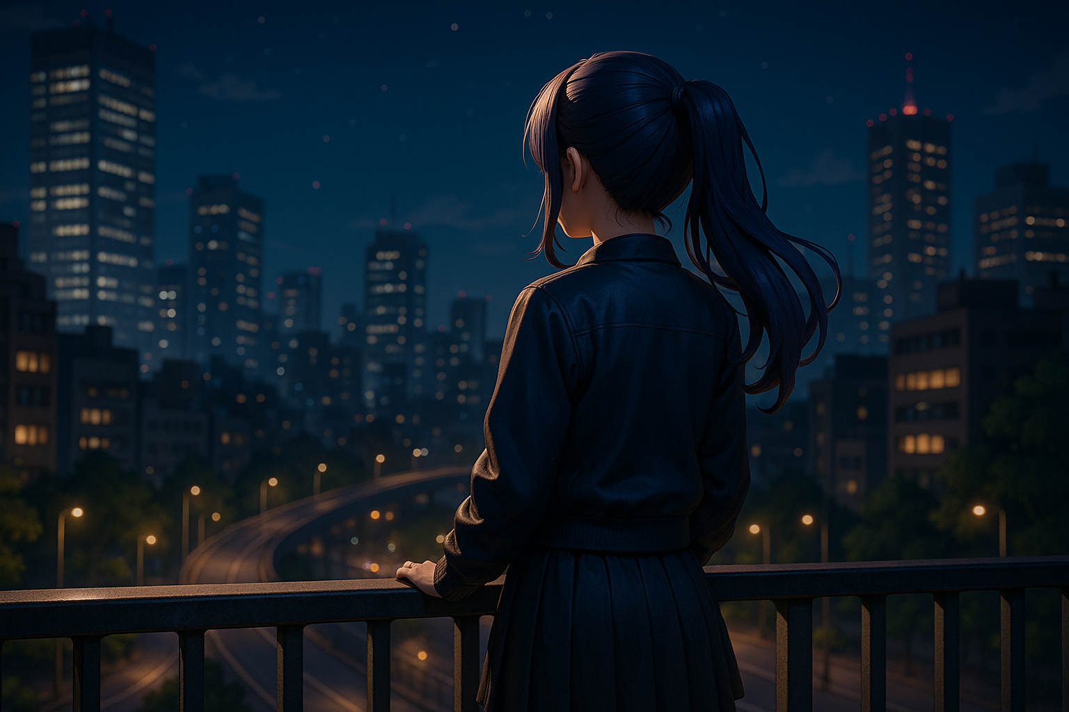 夜の都会を見下ろす少女の後ろ姿とネオンが印象的なアニメ風イラスト。（AI生成イメージ画像／非公式素材）