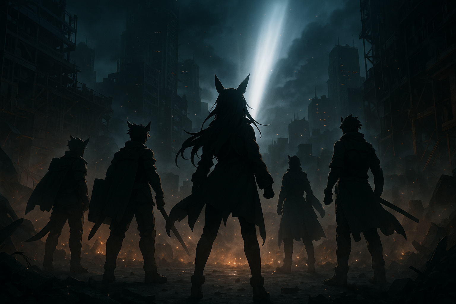 廃墟の未来都市で光に照らされ立つシルエットのキャラクターたち。覚醒と再評価を象徴する演出を描いたアニメ風ビジュアル。（AI生成イメージ画像／非公式素材）