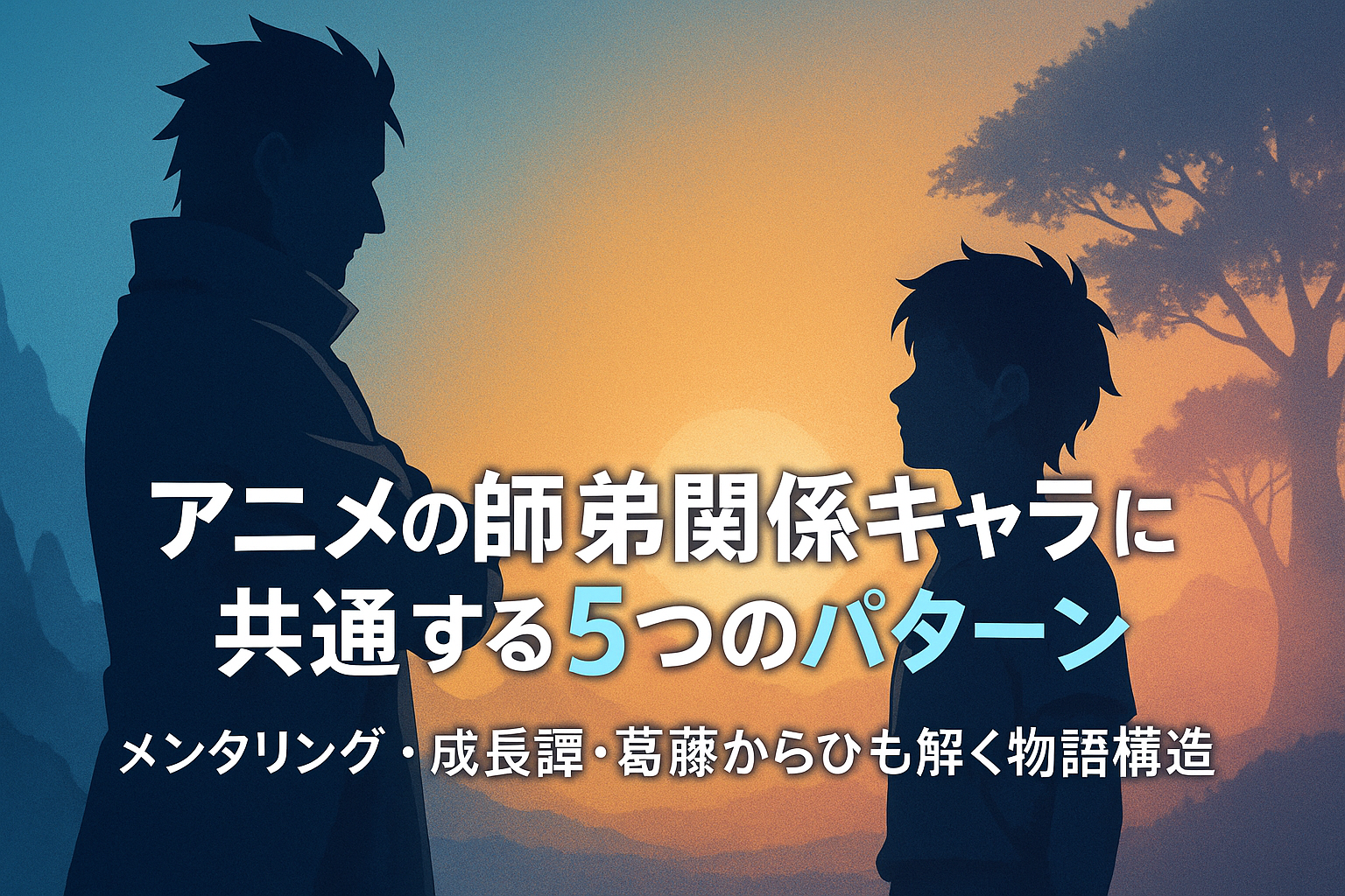 アニメに登場する師と弟子の関係を象徴的に描いたイラスト。5つの典型的な関係パターンを表現。（AI生成オリジナルイメージ画像／非公式素材）
