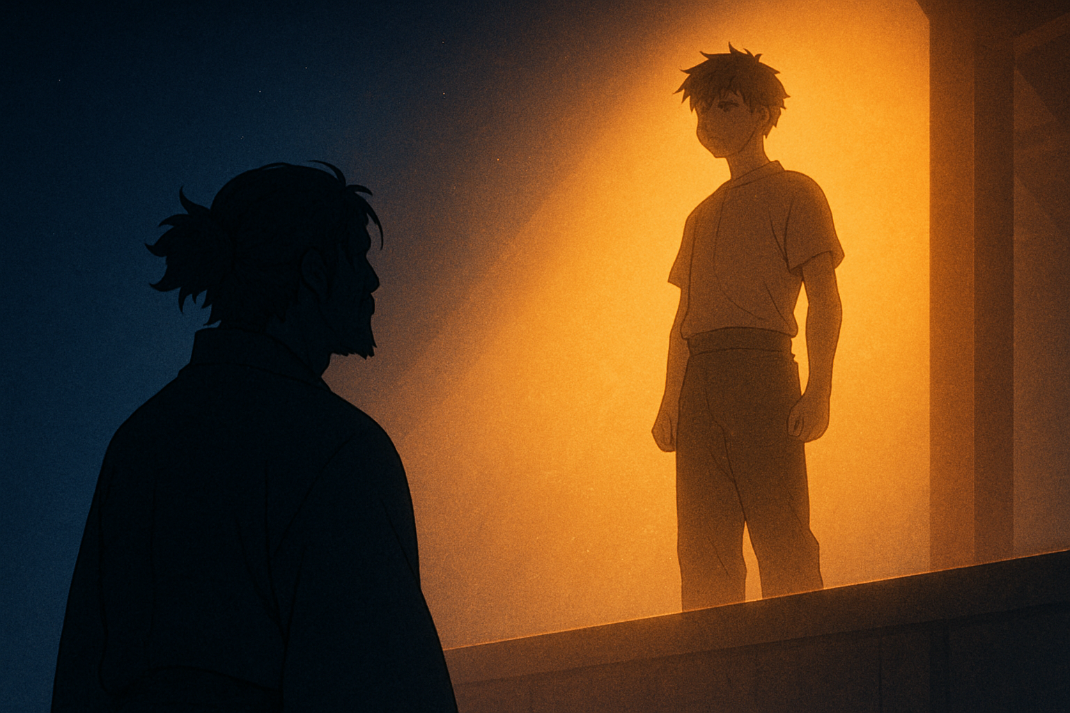 夕暮れの道場で師が影に沈み、弟子が光の中に立つアニメ調イラスト。重心の移動で“継承の瞬間”を象徴的に描いている。AI生成のイメージ画像(本文内容を補足する参考ビジュアル)