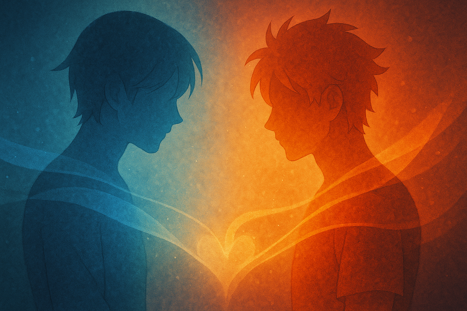 青と赤の光に包まれた二人のシルエットが胸の光でつながる、共感と自己表現を象徴するアニメ風イラスト(本文内容を補足する参考ビジュアル)