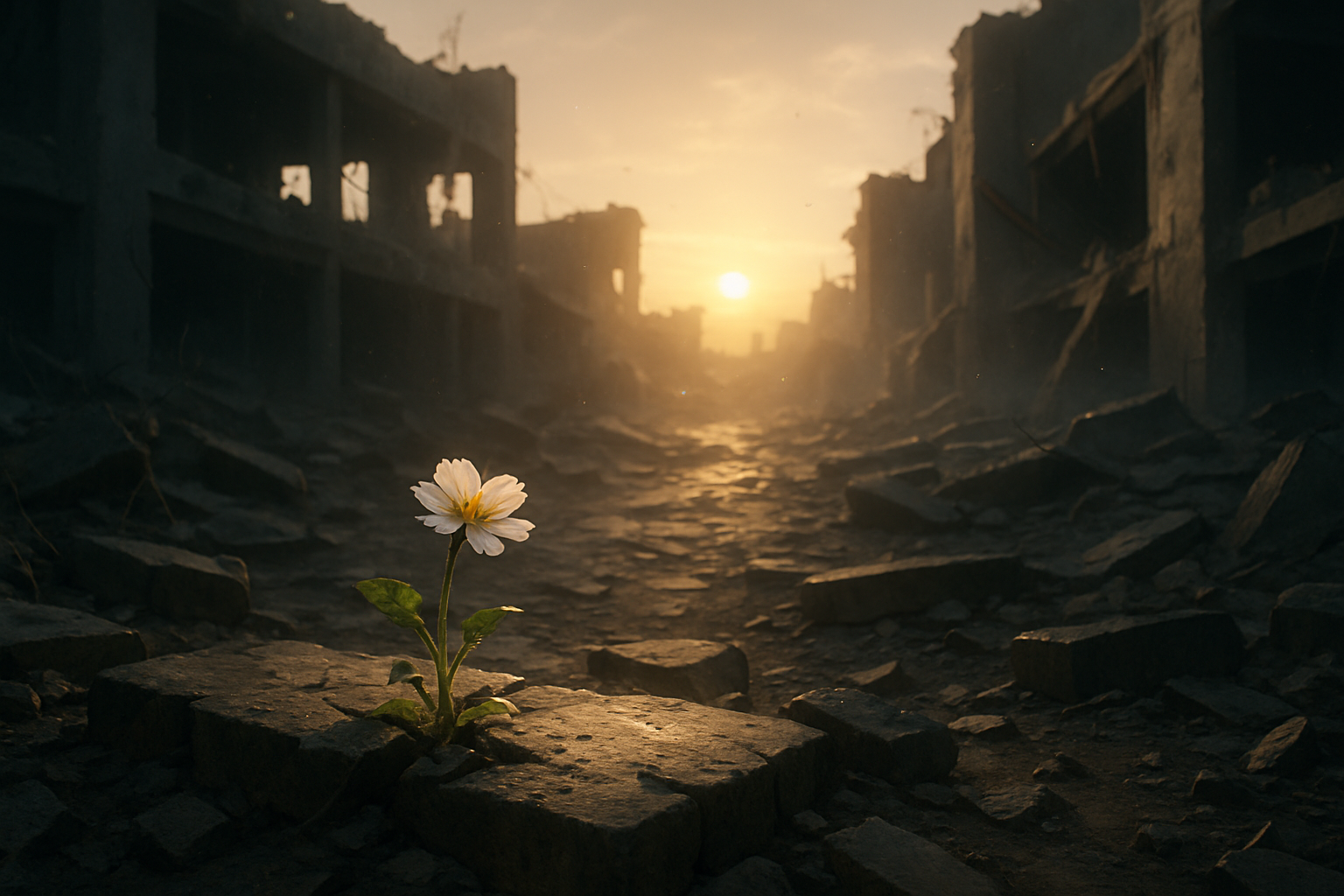 瓦礫の中に一輪の白い花が咲き、朝日の光を受けて静かに輝く情景。(AI生成オリジナルイメージ画像/非公式素材)