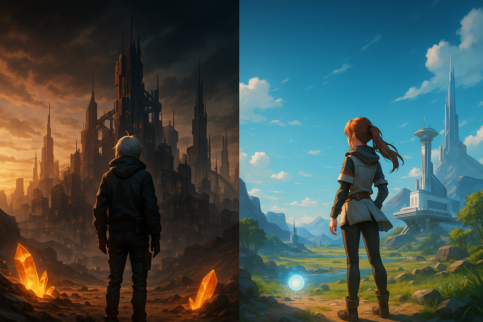 異なる文明が広がる2つの未来世界を対比する幻想的な3DCGアニメ風イラスト。（AI生成イメージ画像／非公式素材）