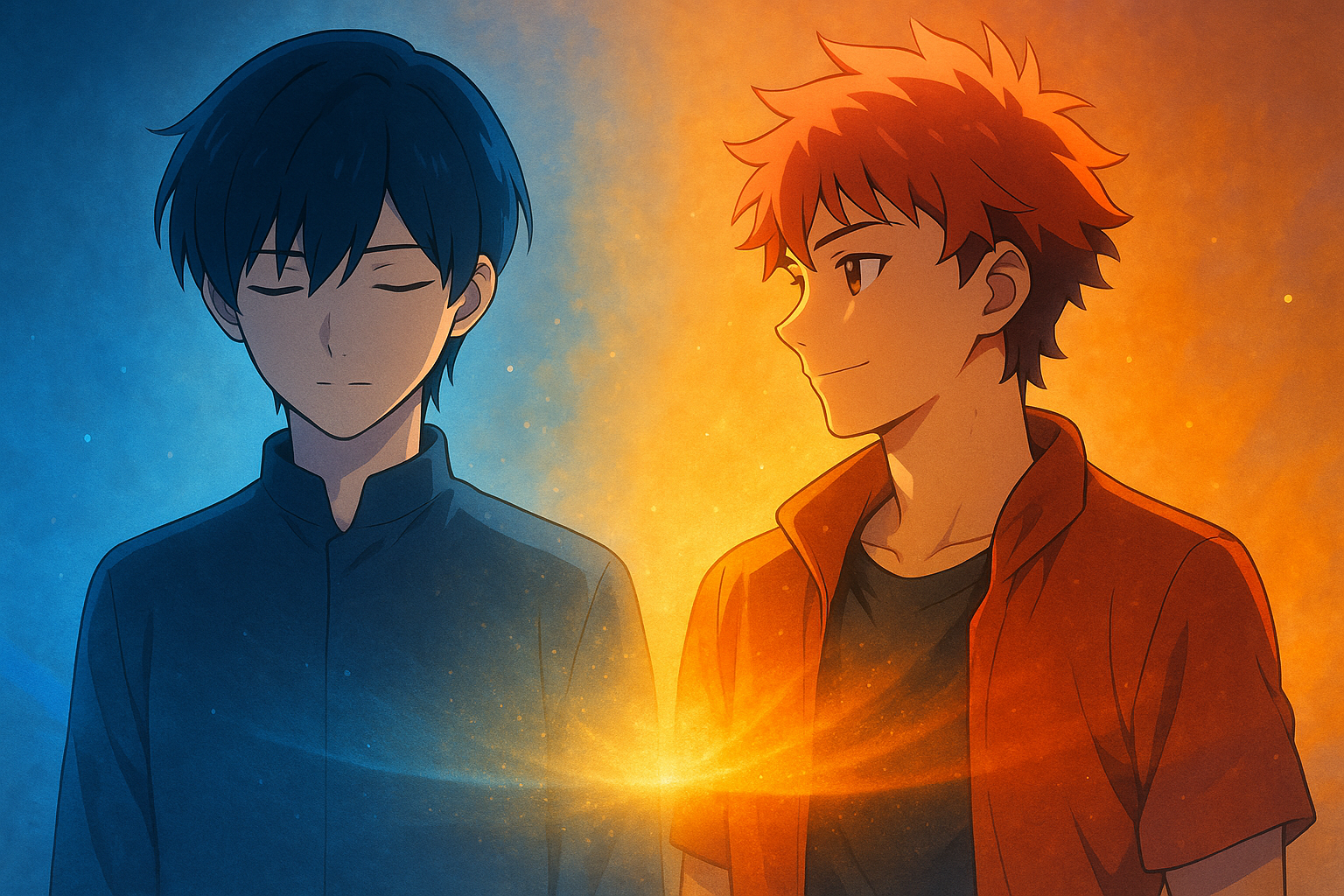 青と橙の光に包まれた二人のキャラクターが並び立ち、静と熱の調和と共鳴を象徴するアニメ風イラスト(本文内容を補足する参考ビジュアル)