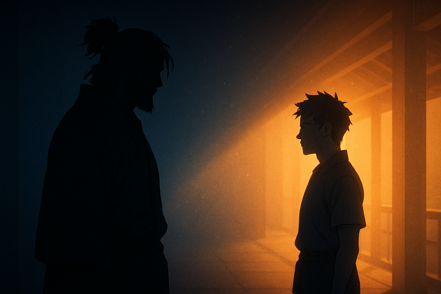 夕暮れの道場で師と弟子が向かい合うアニメ調イラスト。左は影の師、右は光に包まれた弟子が立ち、継承の瞬間を象徴的に描いている。AI生成のイメージ画像(本文内容を補足する参考ビジュアル)