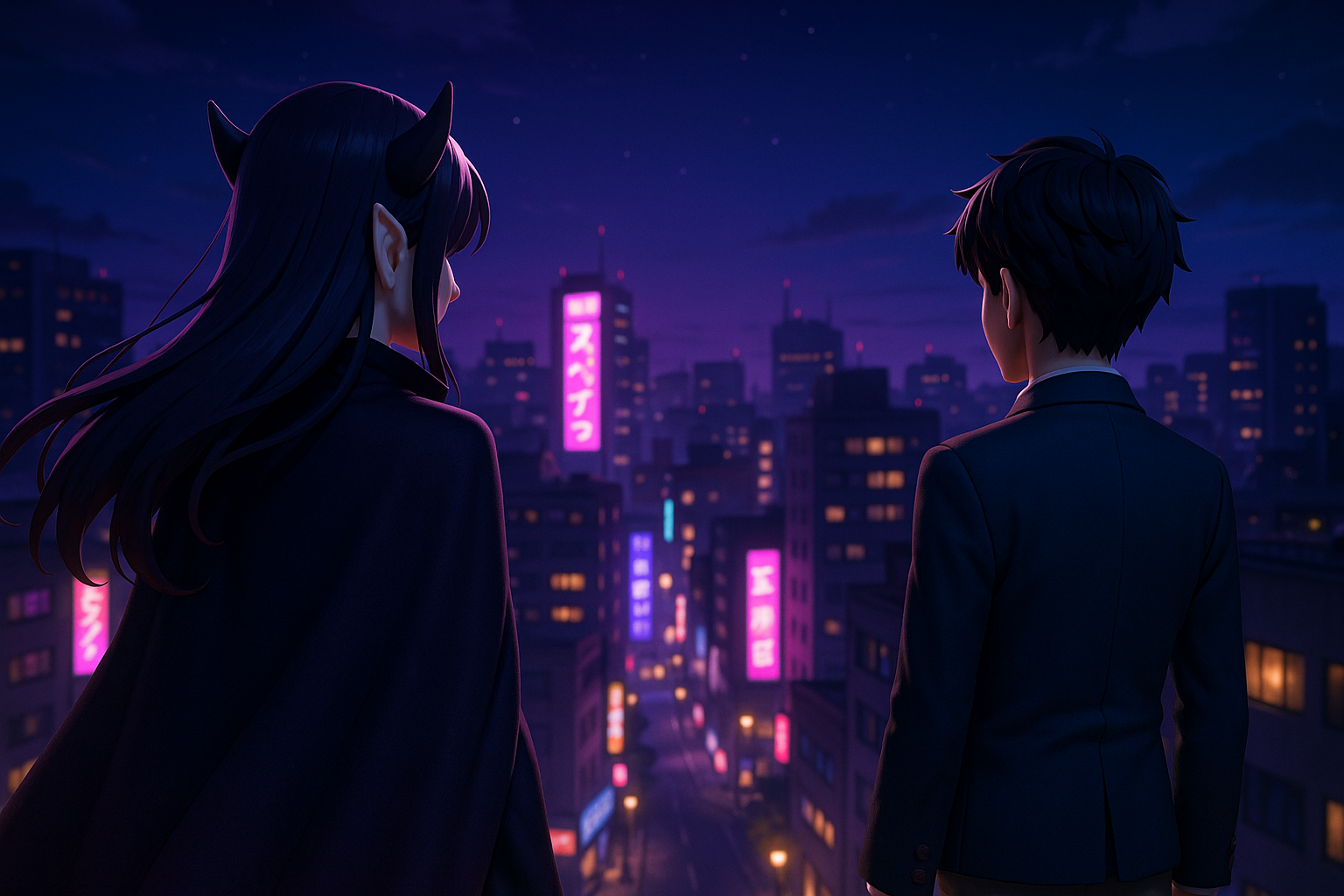 夜の街を背景にしたアニメ風の後ろ姿キャラクター。強さと存在感を静かに表現した構図。（AI生成イメージ画像／非公式素材）