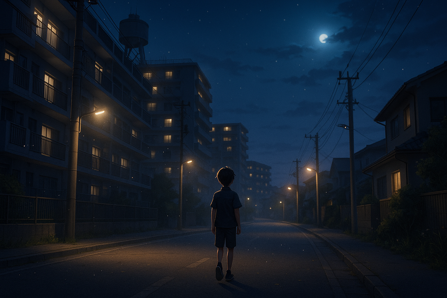 夜の住宅街を歩く少年の後ろ姿と団地の街灯風景を描いた3DCGイラスト。（AI生成イメージ画像／非公式素材）