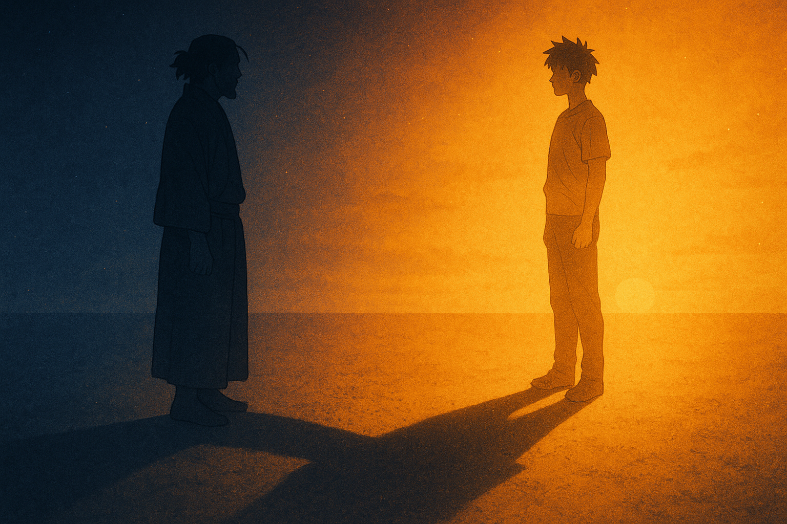 夕暮れの地面で師と弟子の影が重なり合うアニメ調イラスト。青と橙の光が交差し、“共鳴と断絶”の瞬間を象徴的に描いている。AI生成のイメージ画像(本文内容を補足する参考ビジュアル)