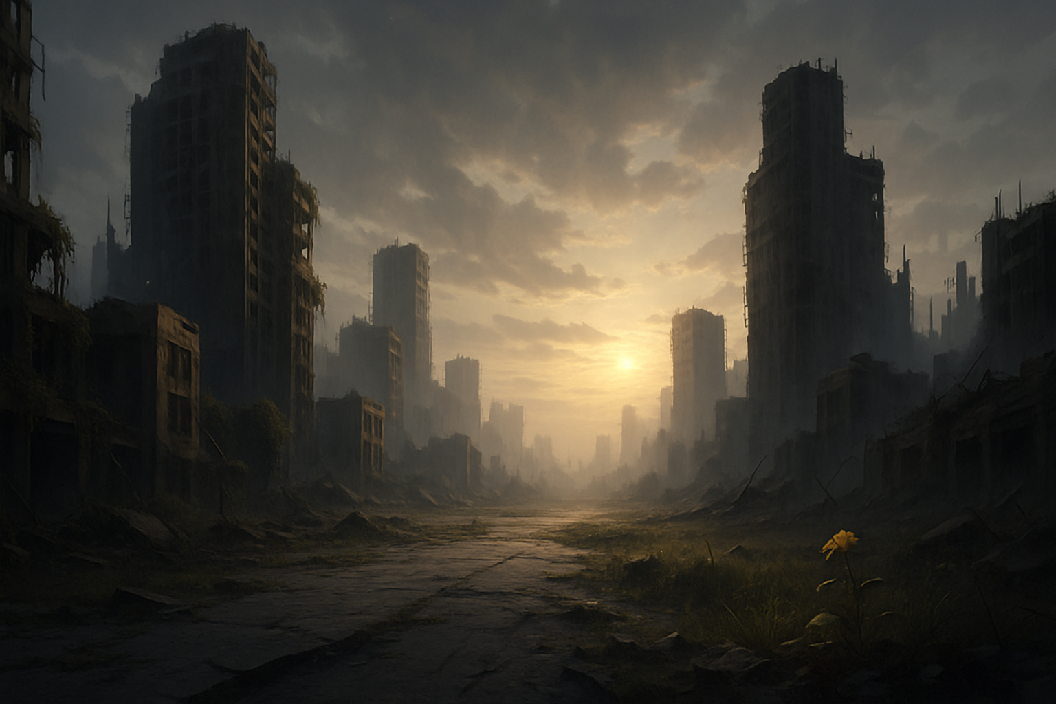 崩壊した都市に朝日が差し込み、荒廃の中に希望の光が射す情景。(AI生成オリジナルイメージ画像/非公式素材)