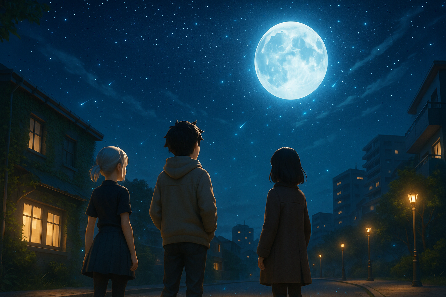 星空の下、月を見上げる3人の後ろ姿。夜の街にたたずむ幻想的な風景を描いたイメージ。（AI生成イメージ画像／非公式素材）