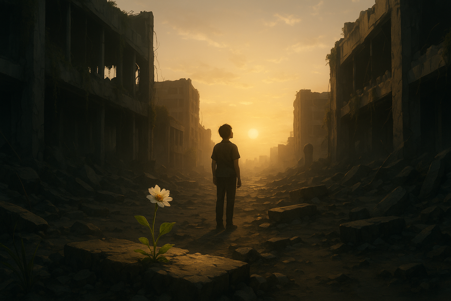 崩壊した都市の朝、瓦礫の中に咲く花を前に一人の人が立ち、再生の光を見つめる情景。(AI生成オリジナルイメージ画像/非公式素材)