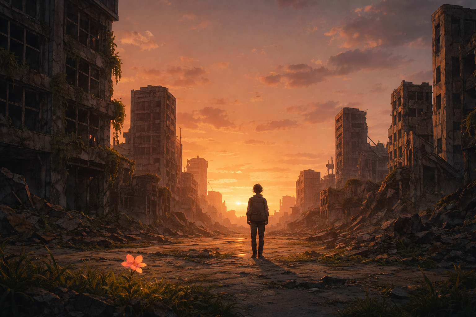 崩壊した都市の中、夕陽の光に照らされながら一人立つ人物と、足元に咲く一輪の花。再生と希望を象徴する情景（本文を補足するイメージ画像）