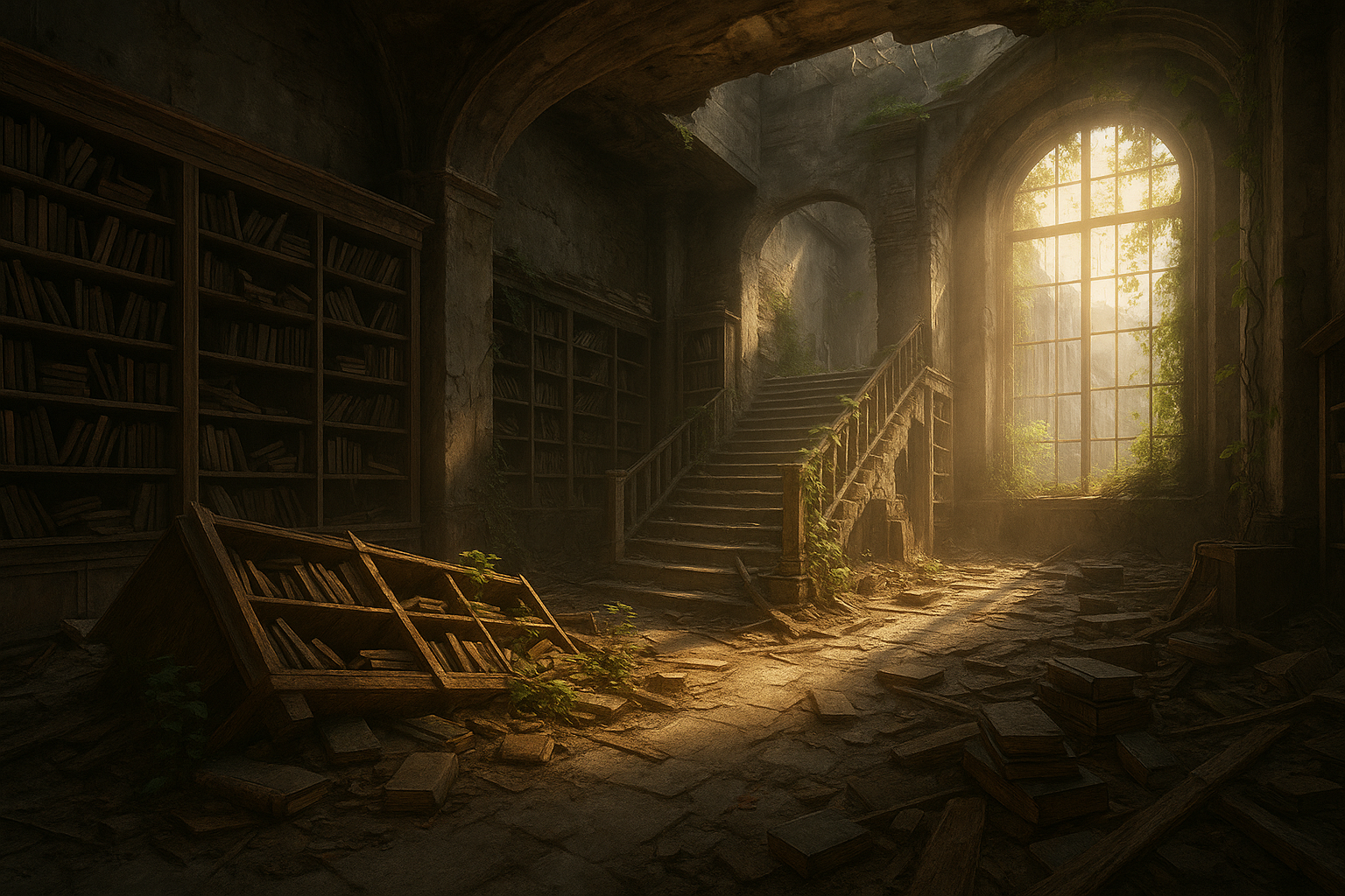 崩れた図書館に朝の光が差し込み、蔦が伸びる静かな廃墟の情景。(AI生成オリジナルイメージ画像/非公式素材)