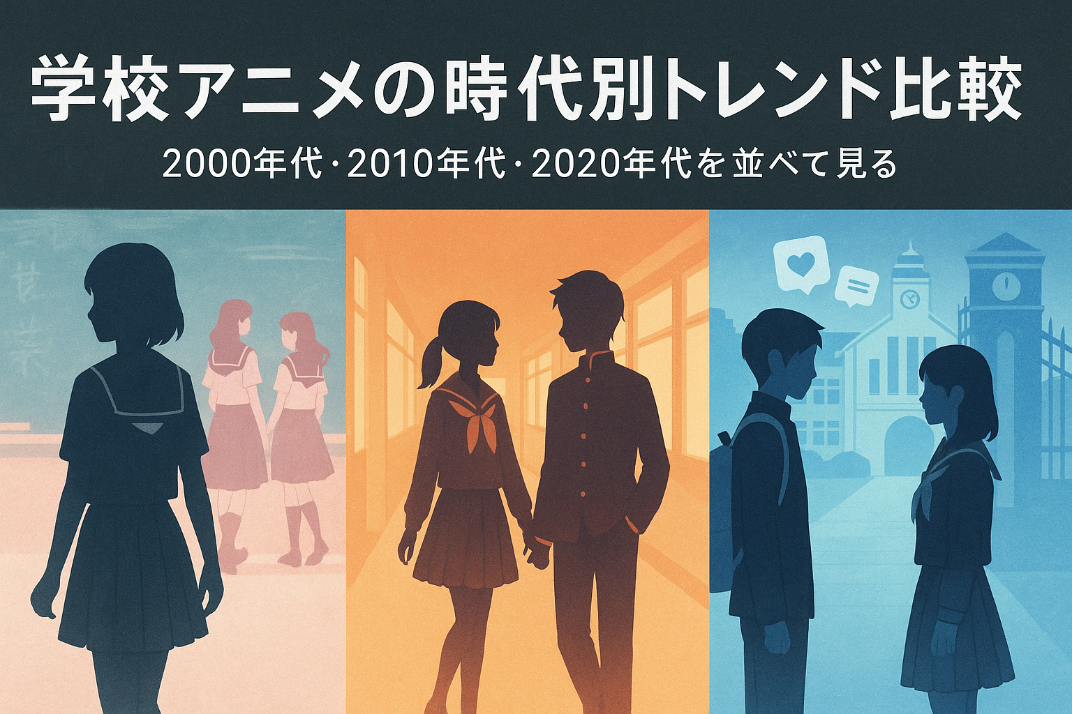学校を舞台にしたアニメの変化を3つの時代で比較したイメージビジュアル。教室や制服のシルエットを背景に、2000年代・2010年代・2020年代の雰囲気を表現。（AI生成オリジナルイメージ画像／非公式素材）